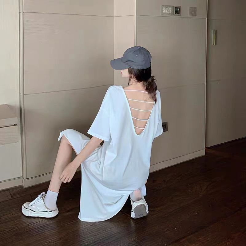 慵懶風大碼性感露背薄款V領短袖洋裝