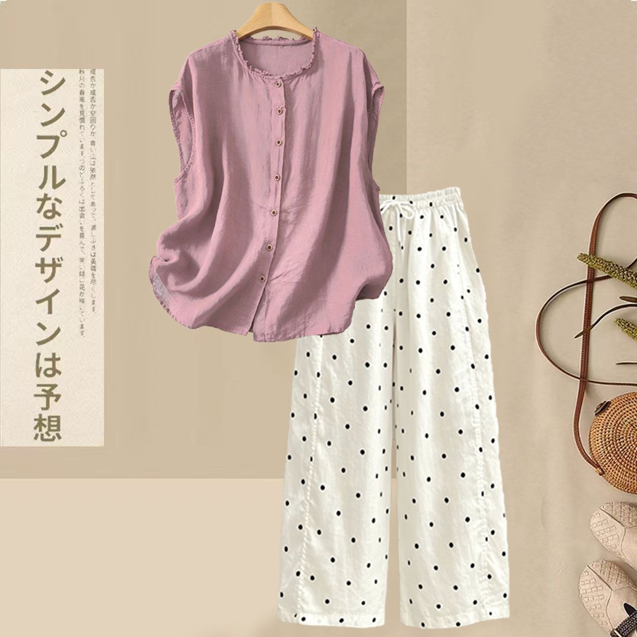 【整套】慵懶風棉麻木耳襯衫+寬松休閑波點褲兩件套