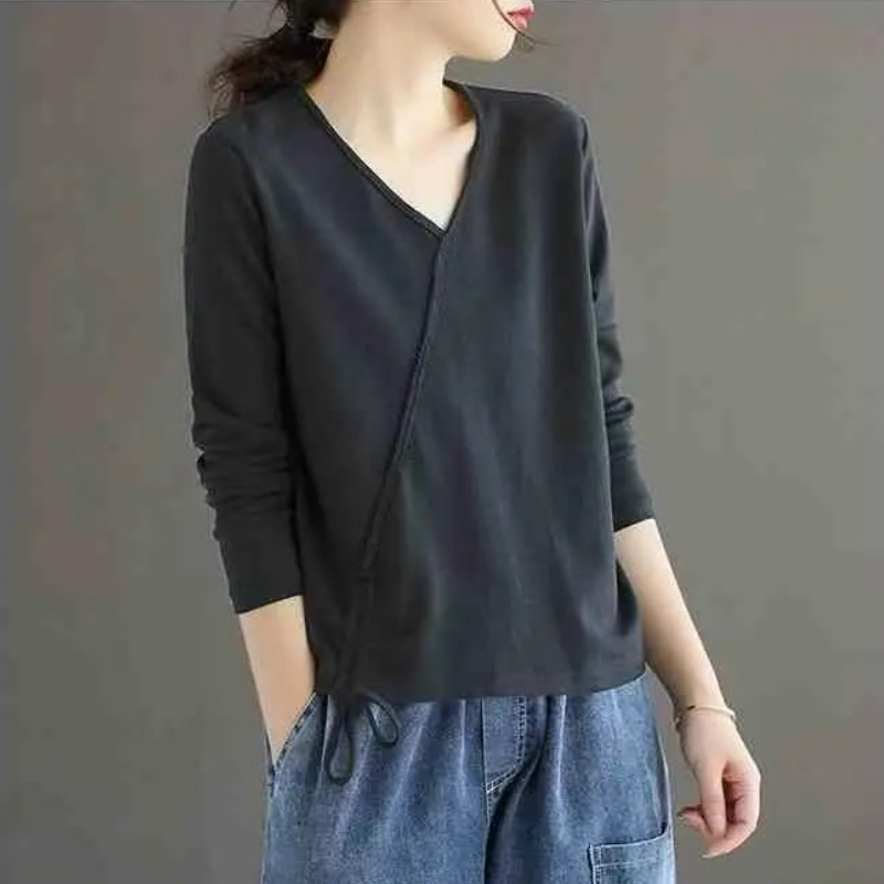 純棉V領大碼打底衫百搭休閒寬鬆抽繩長袖t恤