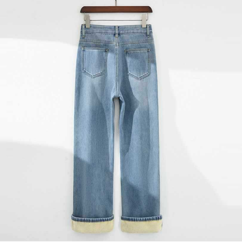 加厚刷毛窄版闊腿高腰寬鬆顯瘦直筒牛仔褲