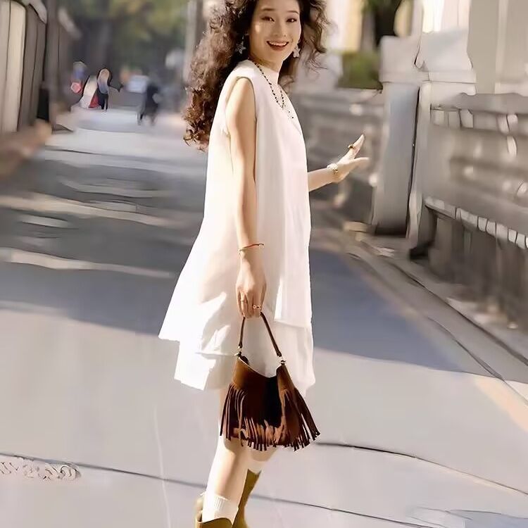 【整套】老錢風鬆弛感圓領無袖上衣闊腿短褲兩件套裝