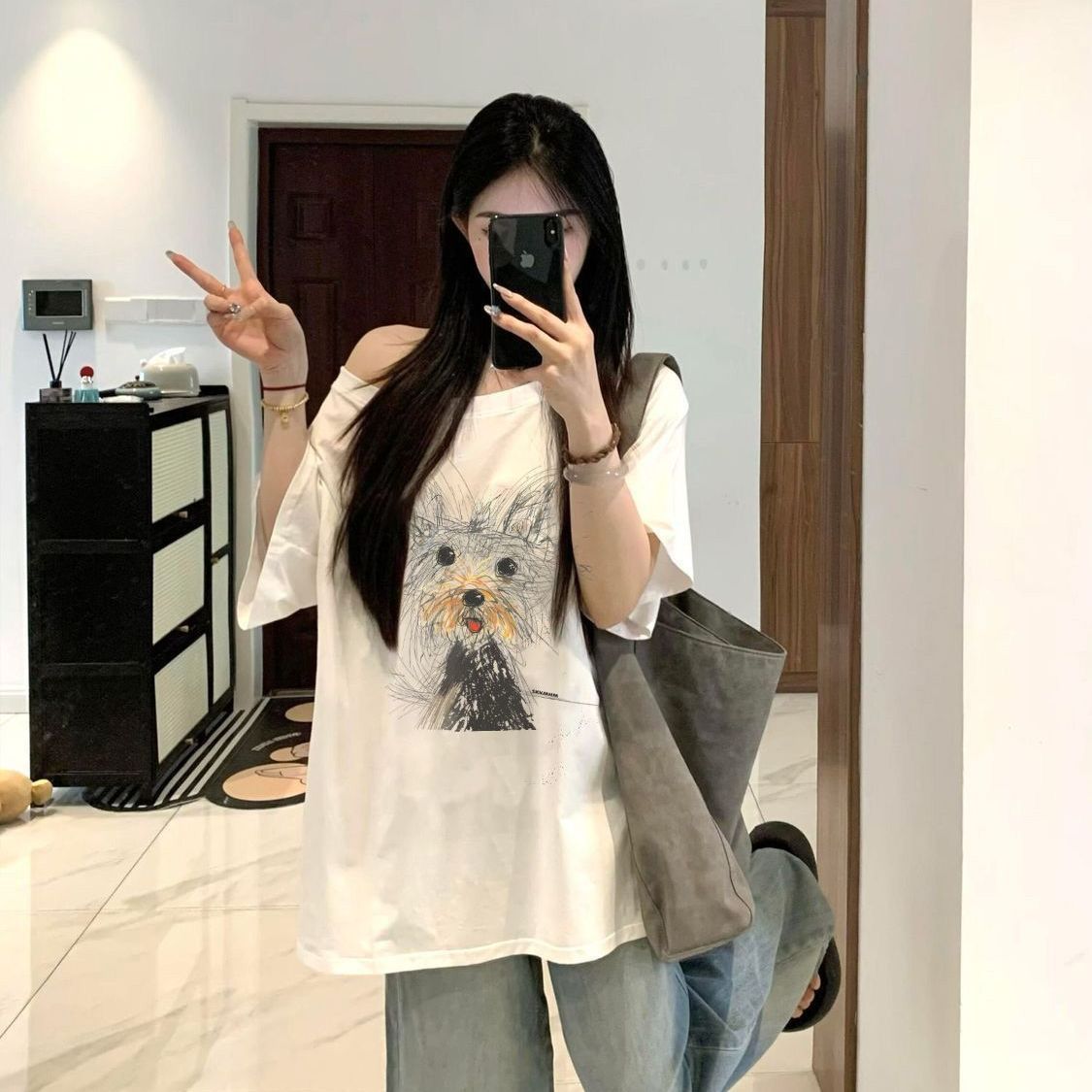 休閒chic感潮流鬆弛通勤氣質斜肩t恤