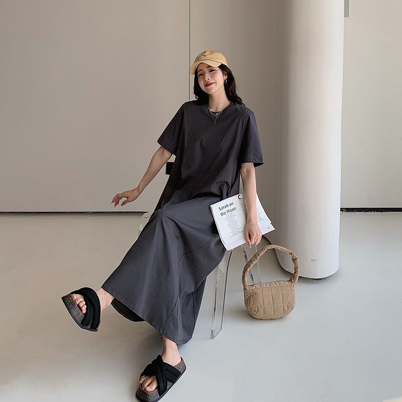 寬鬆遮肚減齡連衣裙大碼顯瘦休閒過膝T恤裙
