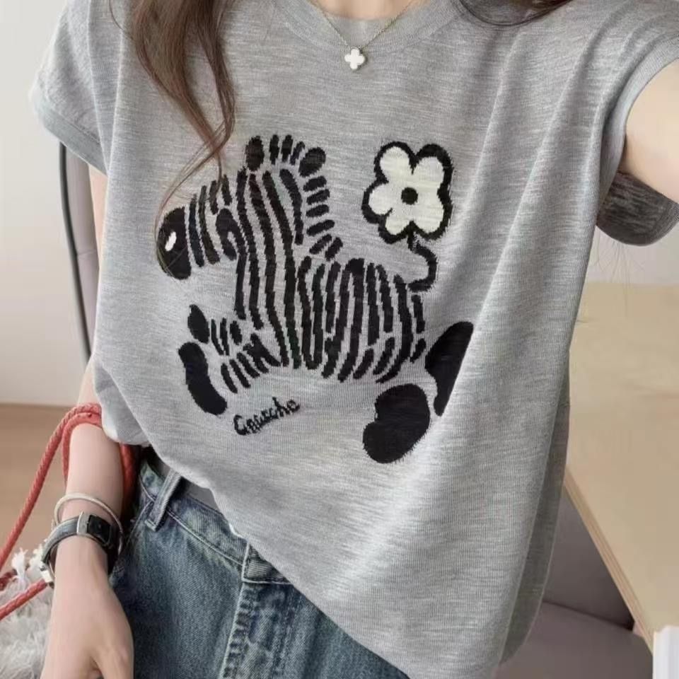 @高級感時尚印花微透別緻寬鬆短袖T恤