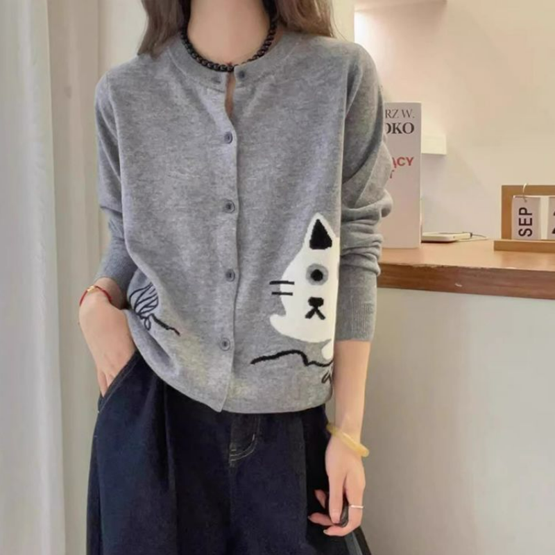 設計感長袖圓領可愛時尚卡通刺繡針織開衫