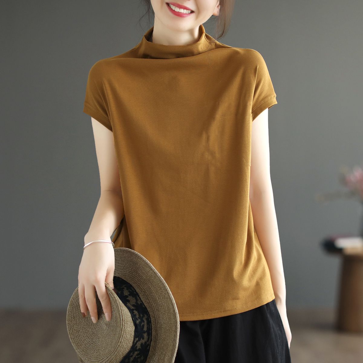 純棉文藝寬鬆顯瘦百搭半高領t恤短袖