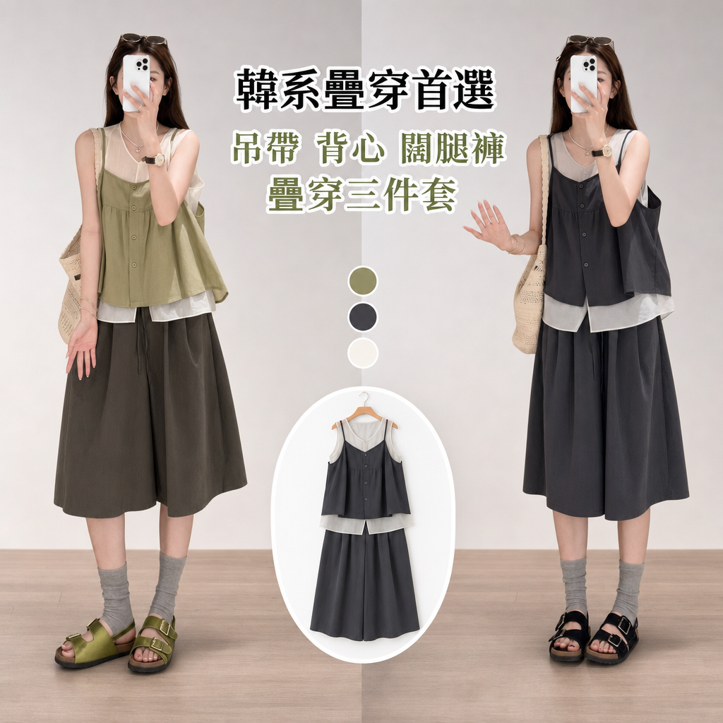 【單件/套裝】韓系撞色吊帶背心疊穿+五分闊腿褲三件套