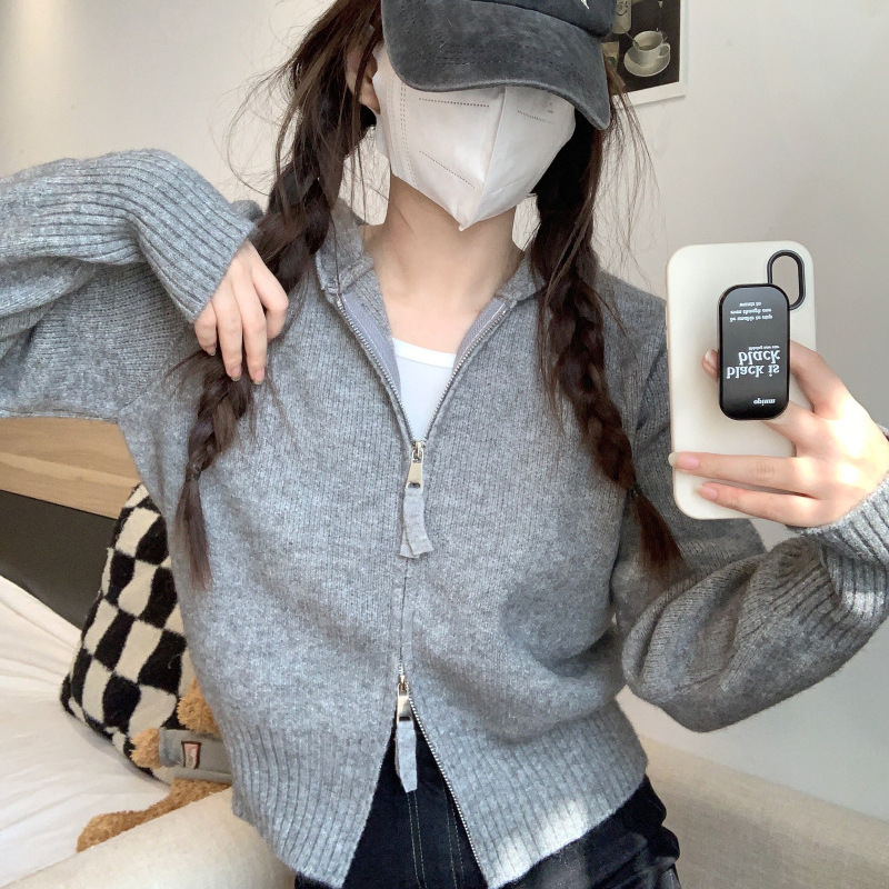 純慾風拉鍊正肩短款毛衣外套連帽針織開衫