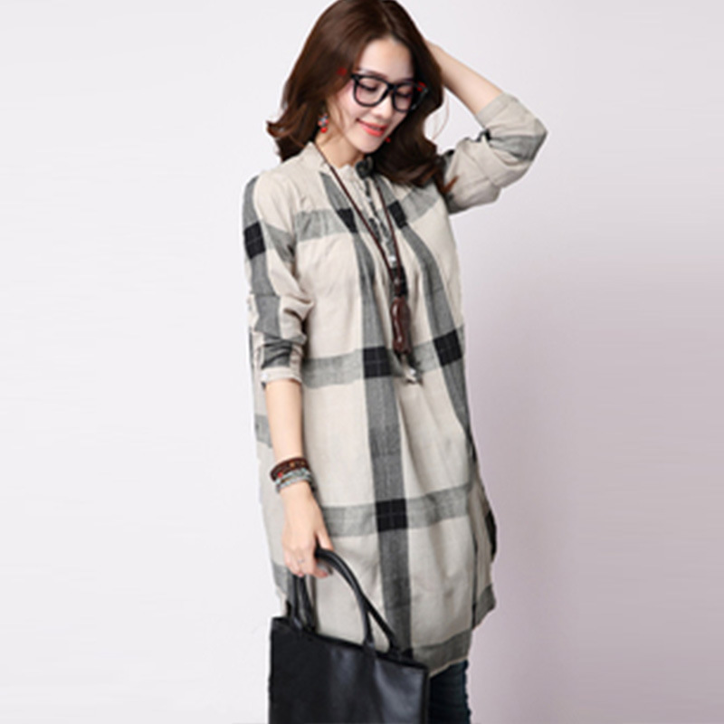 韓版大碼亞麻寬鬆中長款格子裙長袖棉麻襯衫