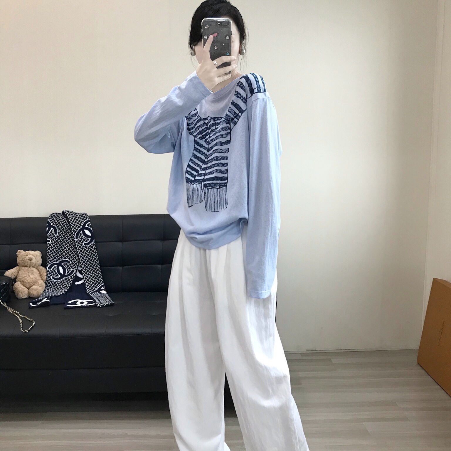 薄款寬鬆休閒百搭圍巾印花圓領長袖T恤