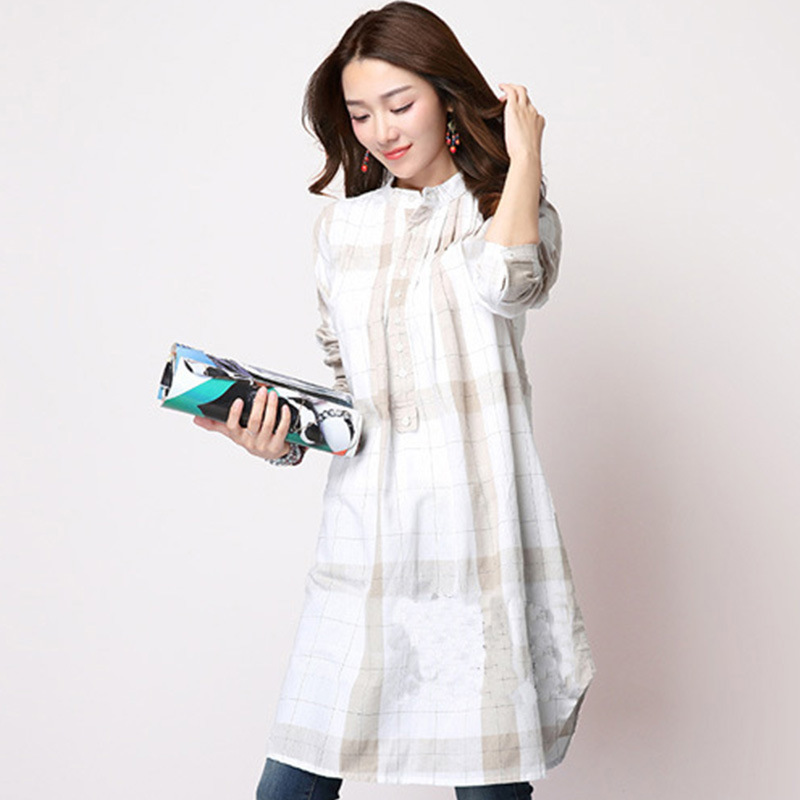 韓版大碼亞麻寬鬆中長款格子裙長袖棉麻襯衫
