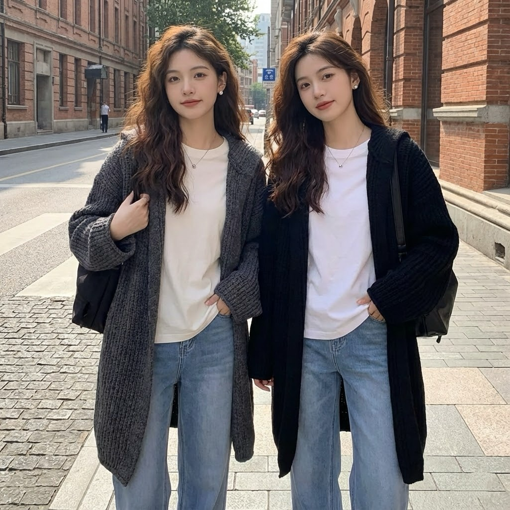 韓系氣質中長版寬鬆慵懶風連帽針織開衫