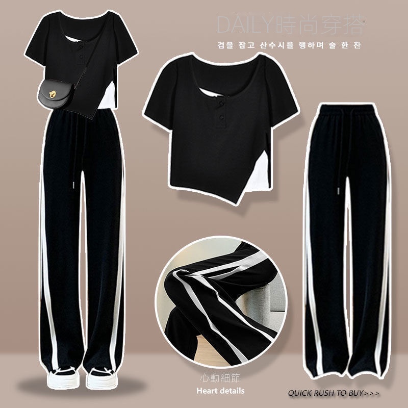 【單件/套裝】酷鹽系休閒時尚短袖+運動闊腿褲兩件套裝