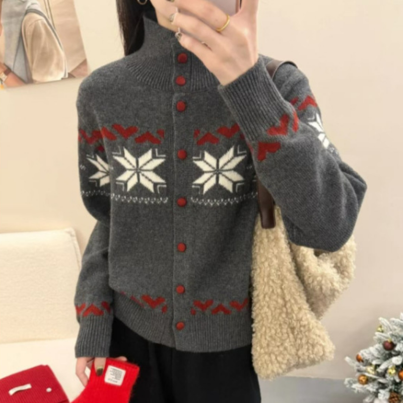 提花高領毛衣寬鬆顯瘦疊穿針織開衫