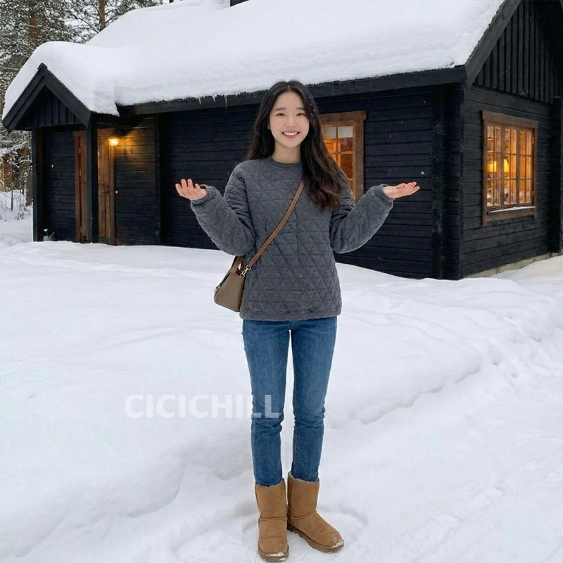 慵懶風加厚保暖寬鬆菱格夾棉長袖