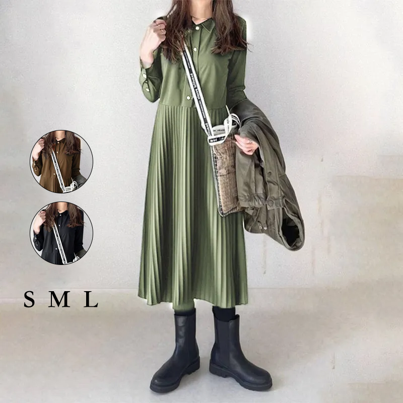 日系新款翻折領半開衫壓褶拼接連身裙
