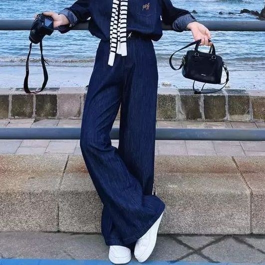 【單件/套裝】時尚小眾韓系辣妹牛仔襯衫+條紋披肩+闊腿褲三件套裝