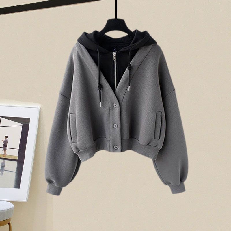 【單件/整套】奶糯風假兩件連帽衛衣+休閒運動闊腿褲兩件套裝