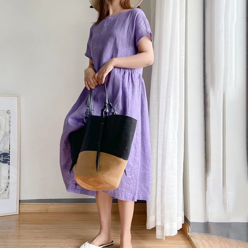 簡約休閒文藝范寬鬆顯瘦中長款洋裝（6色）