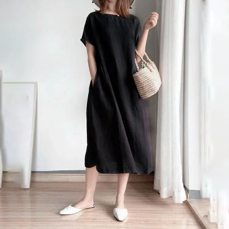 簡約休閒文藝范寬鬆顯瘦中長款洋裝（6色）