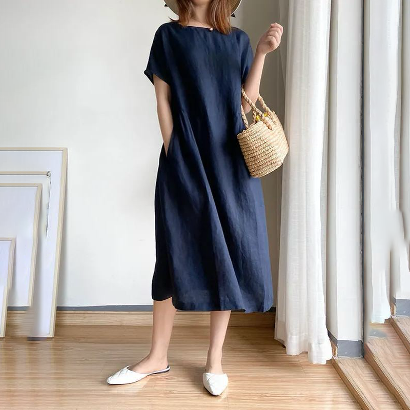 簡約休閒文藝范寬鬆顯瘦中長款洋裝（6色）