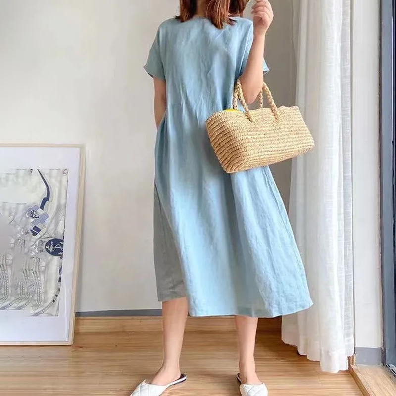 簡約休閒文藝范寬鬆顯瘦中長款洋裝（6色）