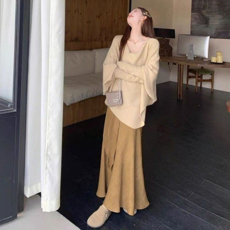 【單件/套裝】氣質小眾不規則慵懶風寬鬆針織毛衣+魚尾裙半身裙兩件套