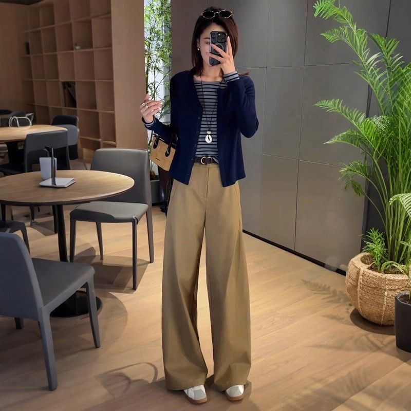 【單件/套裝】減齡洋氣時尚撞色假兩件長袖T恤+顯瘦休閒闊腿褲兩件套