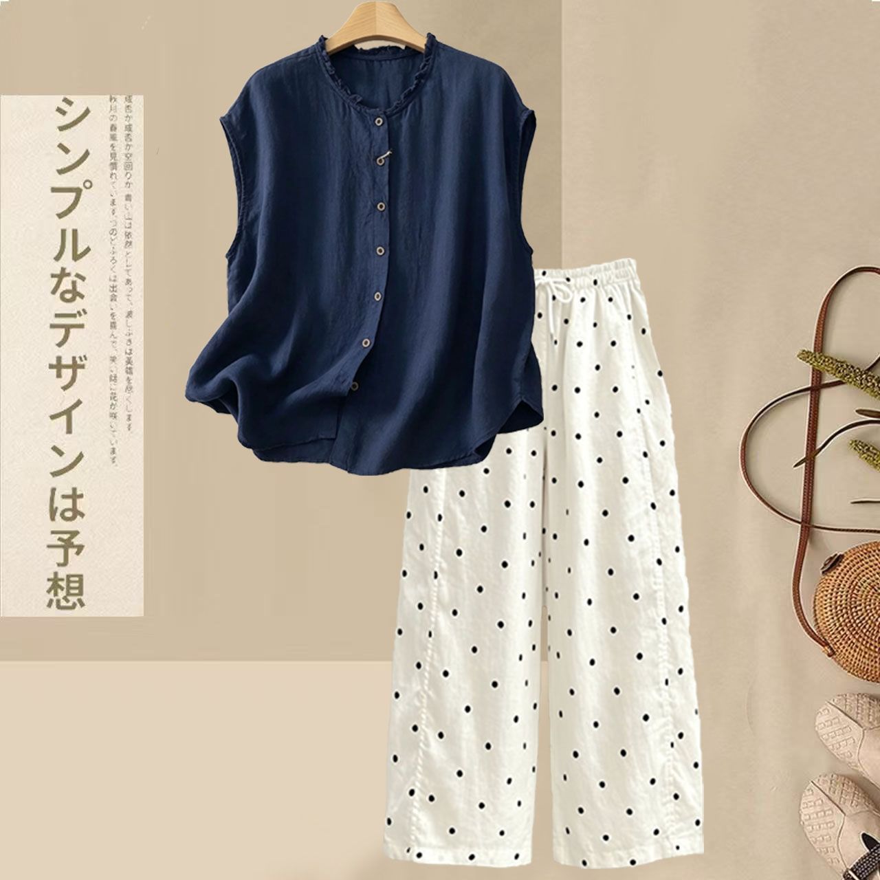 【整套】慵懶風棉麻木耳襯衫+寬松休閑波點褲兩件套