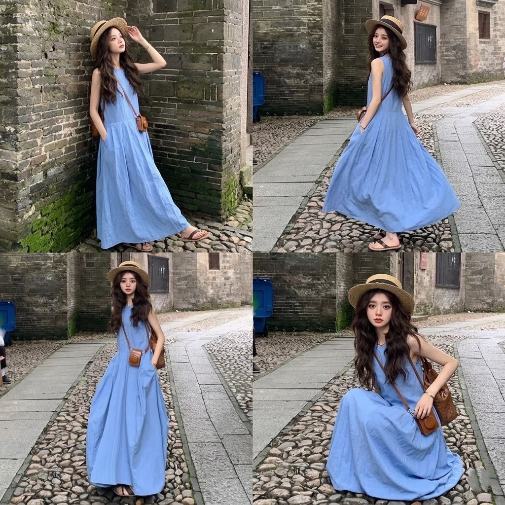 海邊度假法式氣質超好看藍色長裙無袖洋裝