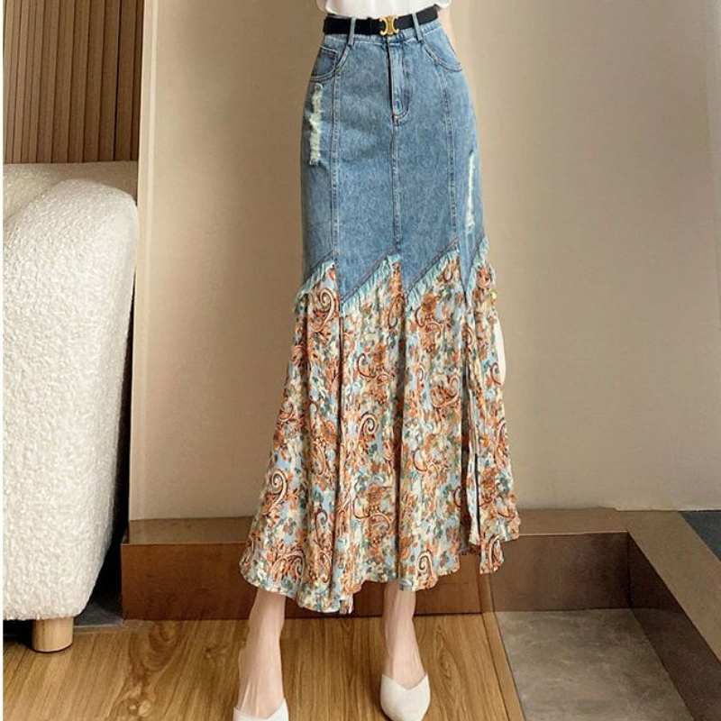 【單件/套裝】甜美高級感禦姐短袖T恤+高腰拼接牛仔裙兩件套裝