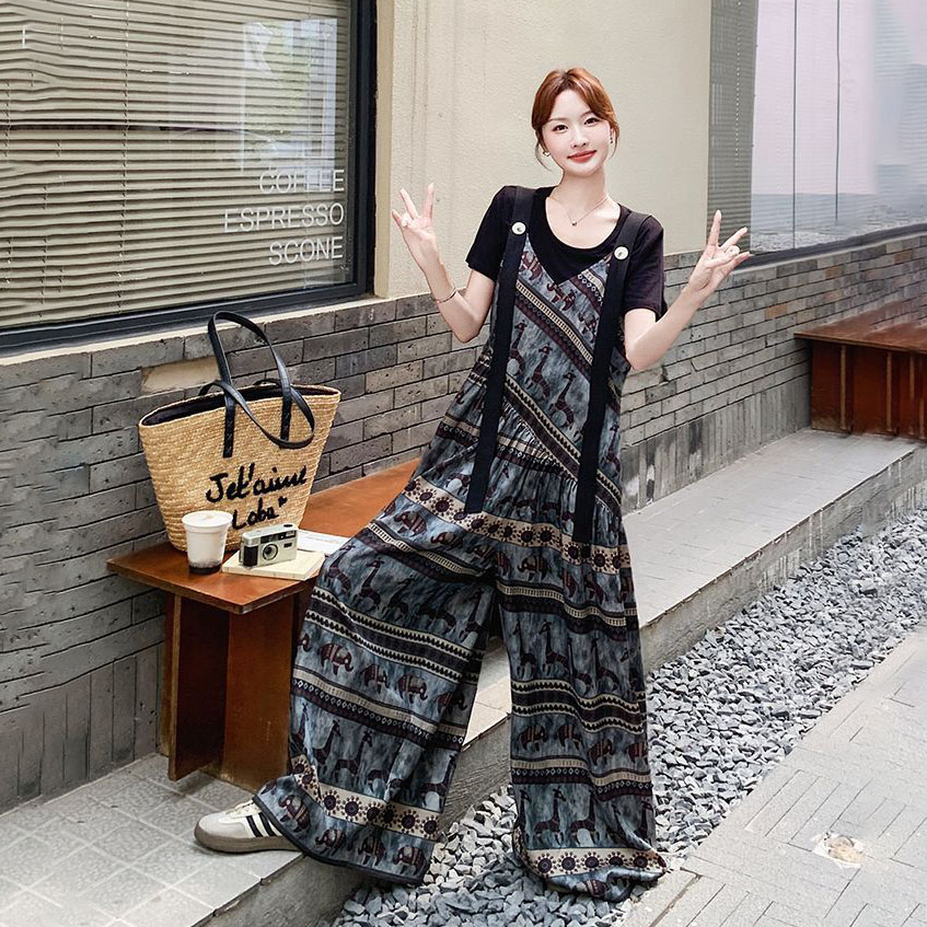 【單件/套裝】小眾波西米亞民族風背帶連體闊腿褲+短袖兩件套裝