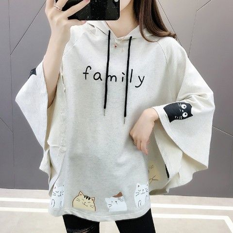 時尚貓咪印花寬鬆顯瘦斗篷款蝙蝠袖連帽衛衣