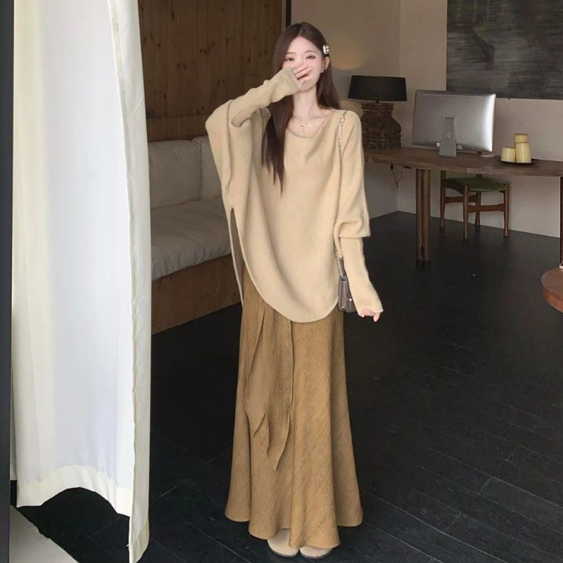 【單件/套裝】氣質小眾不規則慵懶風寬鬆針織毛衣+魚尾裙半身裙兩件套