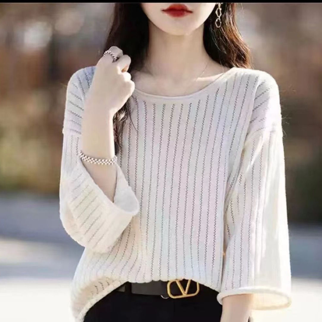 純棉袖捲邊圓領鏤空七分袖寬鬆打底T恤