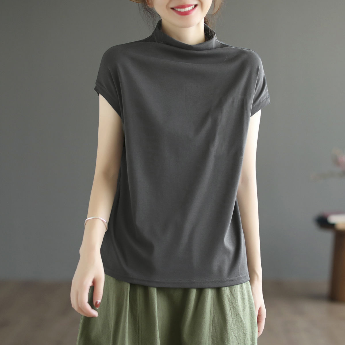 純棉文藝寬鬆顯瘦百搭半高領t恤短袖