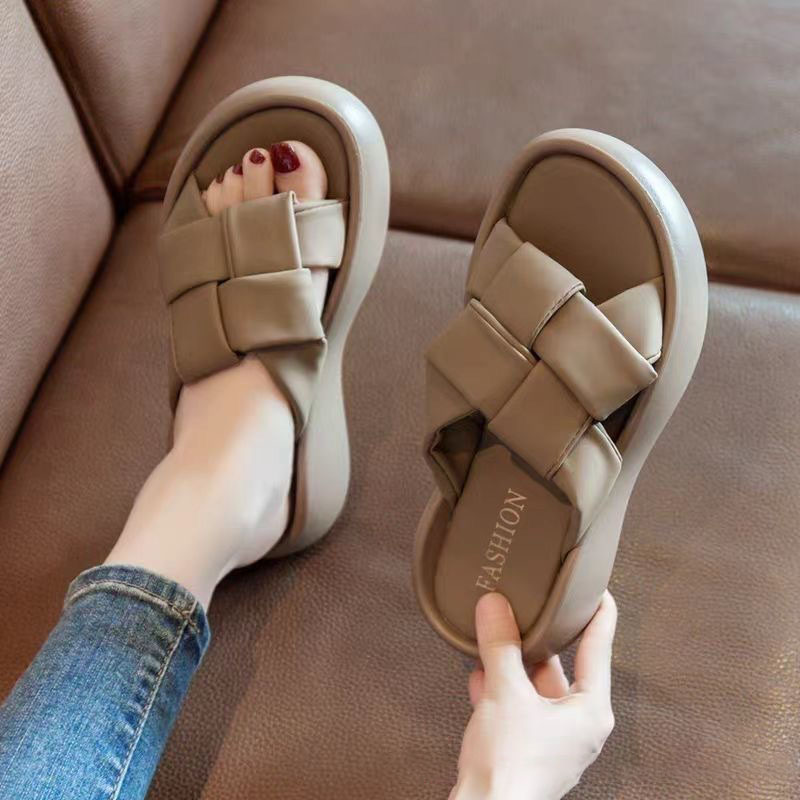 時尚外穿厚底編織平底高級感一字涼拖鞋