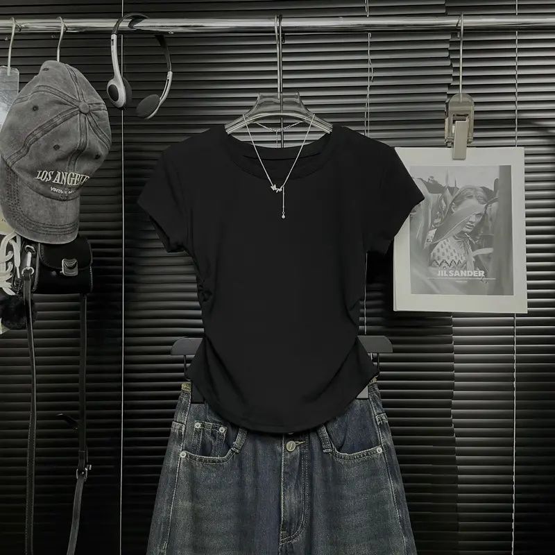 別緻洋氣圓領設計感褶皺收腰百搭顯瘦正肩短袖T恤