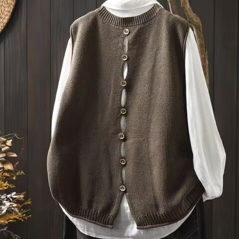 【單件/套裝】後背紐扣棉線針織無袖馬甲背心+寬鬆休閒百搭襯衫疊穿兩件套裝