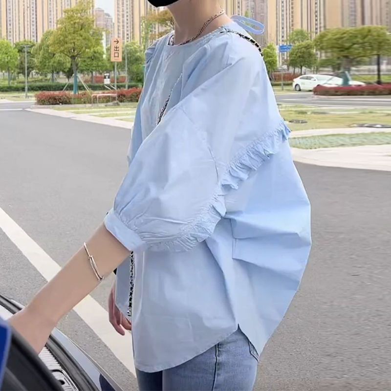 寬鬆顯瘦大碼木耳邊不規則設計感襯衫