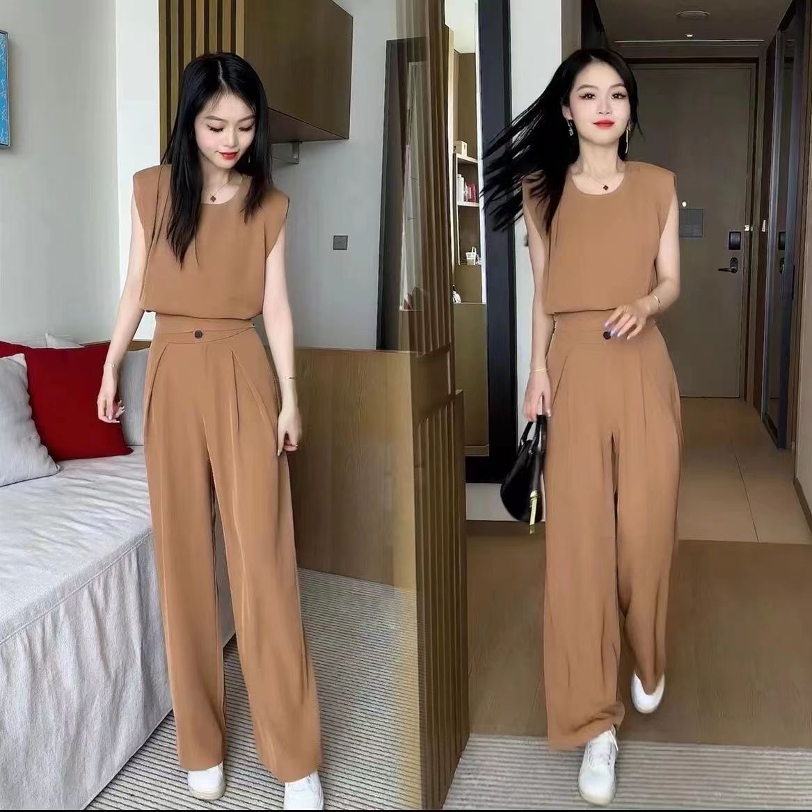 【整套】時尚高端洋氣質減齡無袖上衣+垂感顯瘦休閑闊腿褲兩件套