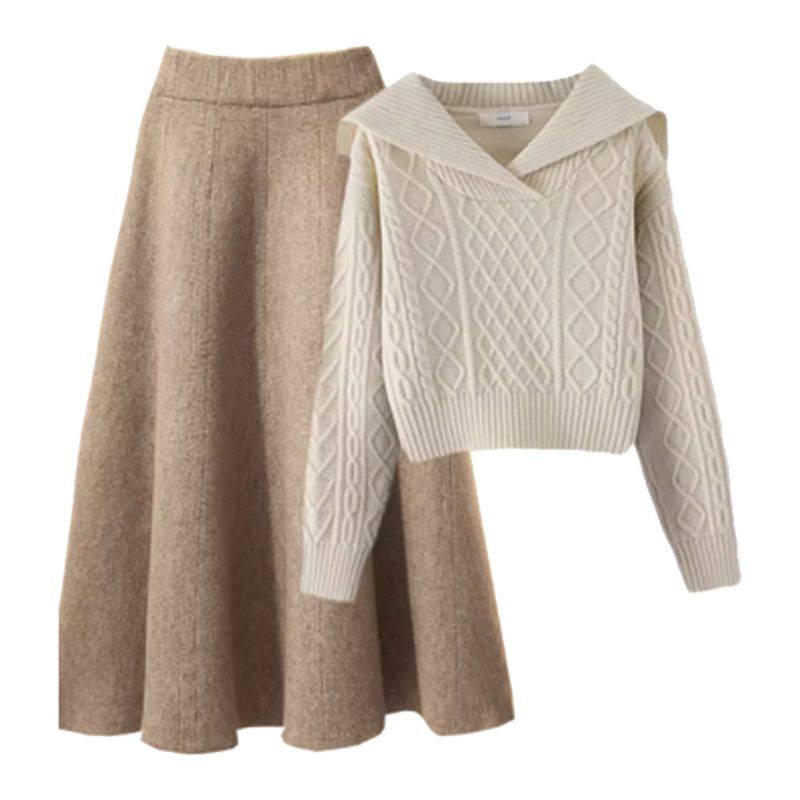 【單件/套裝】慵懶風娃娃領麻花毛衣+高腰A字針織半身裙兩件套