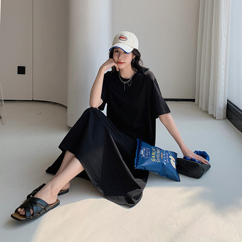 寬鬆遮肚減齡連衣裙大碼顯瘦休閒過膝T恤裙