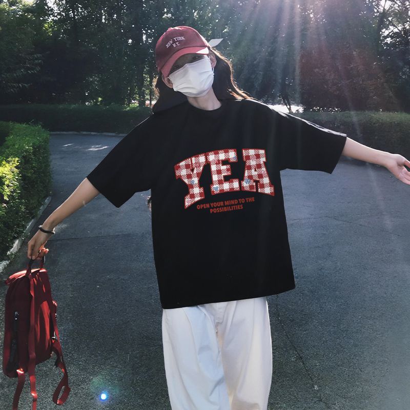 純棉寬鬆甜美百搭字母印花短袖t恤