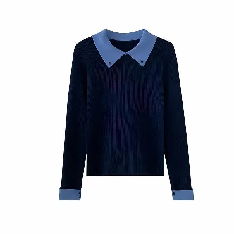 復古翻領拼接撞色毛衣顯瘦高級感顯瘦修身內搭長袖針織衫