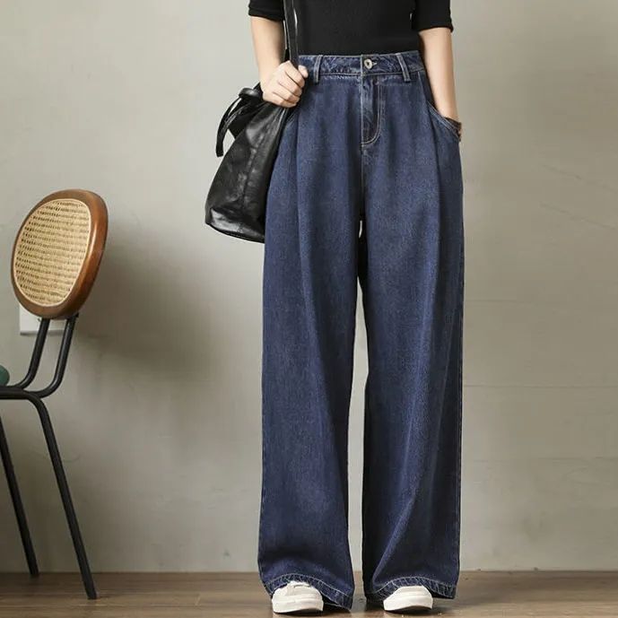 高腰闊腿褲垂感顯瘦休閒拖地牛仔褲