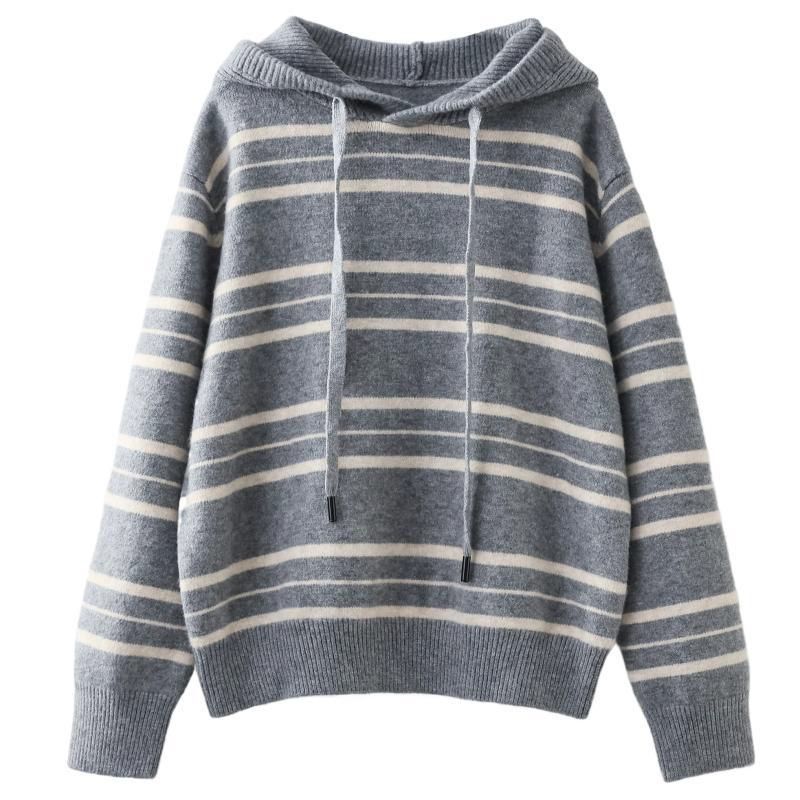 韓版寬鬆休閒慵懶長袖條紋顯瘦連帽針織衫