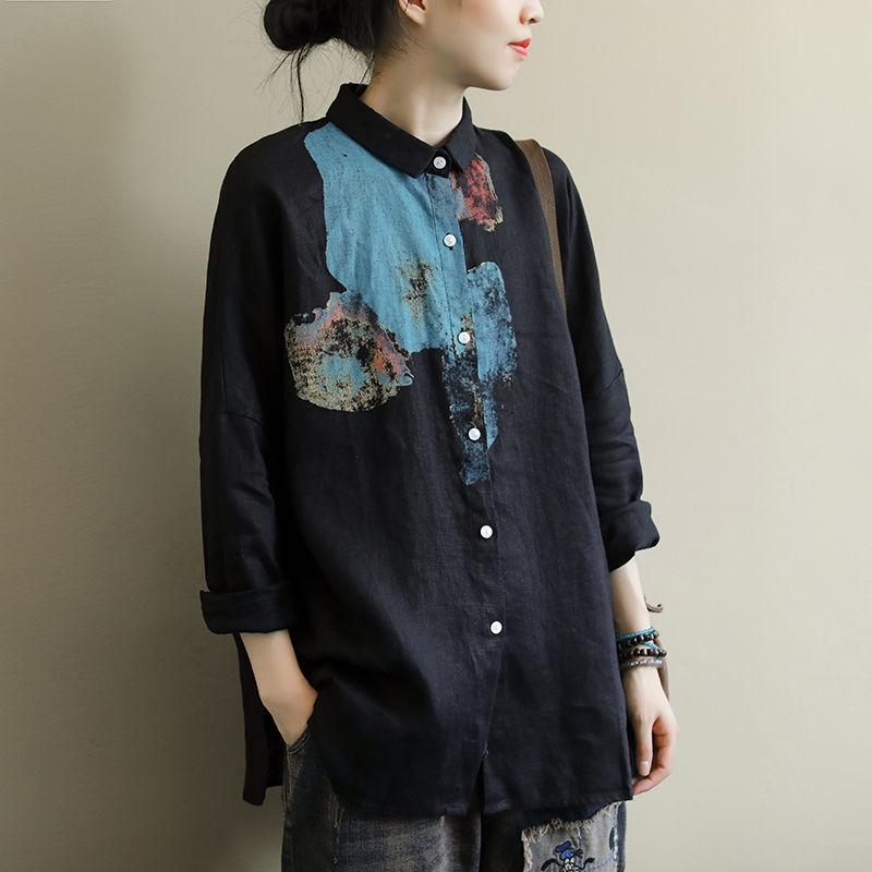 文藝印花長袖寬松百搭棉麻襯衫外套