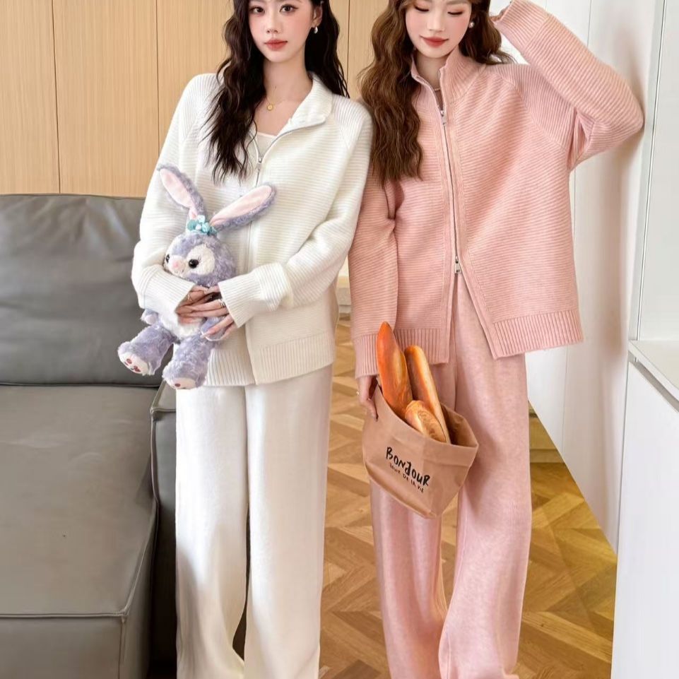 【整套】韓系時尚拉鏈針織翻領百搭毛衣+寬鬆休閒闊腿褲兩件套