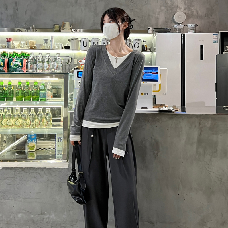 純棉假兩件純慾風內搭打底衫修身設計感小眾長袖t恤